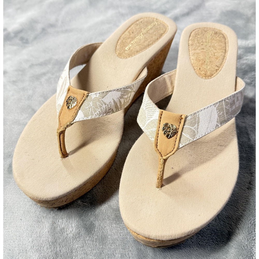 Tommy Bahama Sandals Womens Size 9 Beige Floral Thong Wedge Slip‎ On Cork